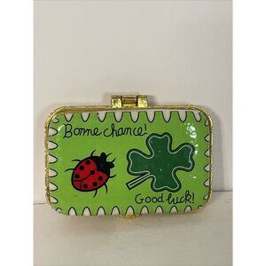 Good Luck Trinket Box Porcelain Hinged Lid Bonne Chance Ladybug 4 Leaf Clover